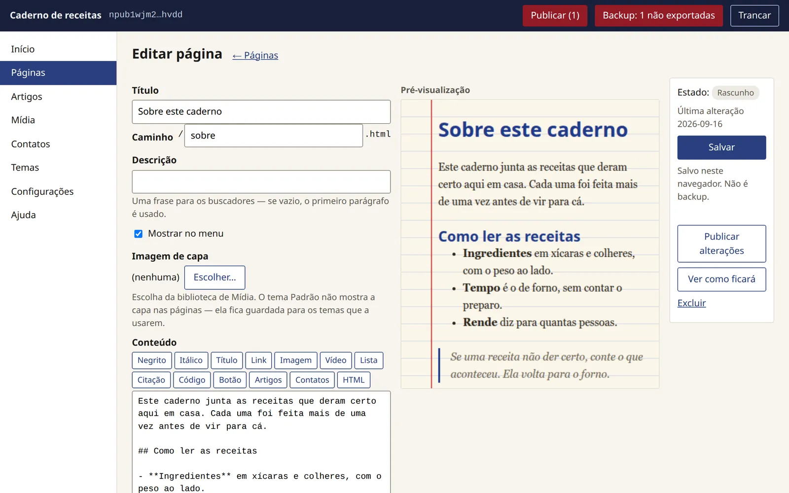O editor de uma página: à esquerda, o título, os botões de formatação e o texto; à direita, a pré-visualização com o tema do site.