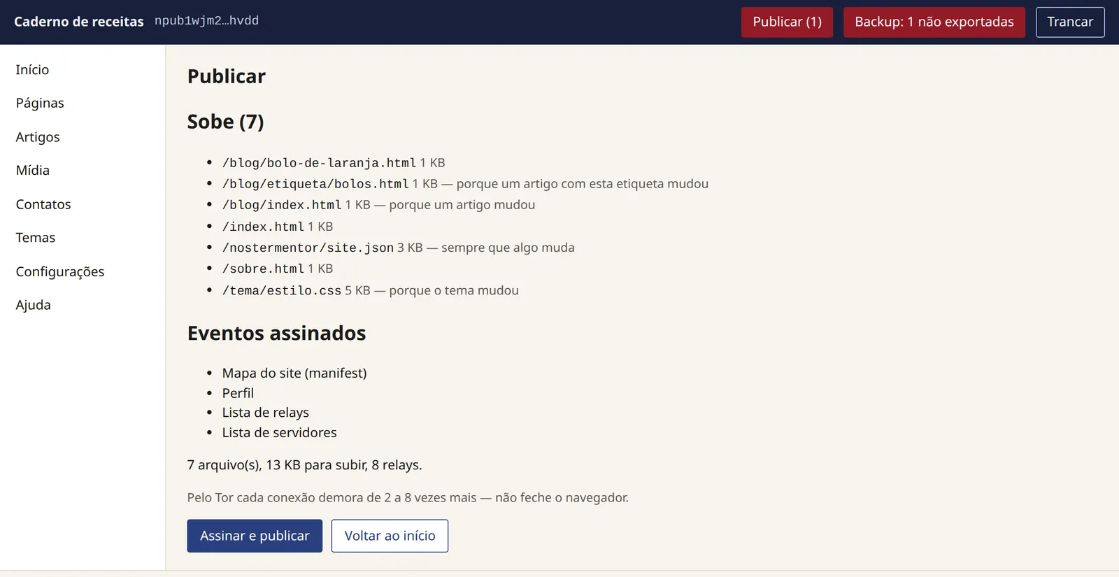 A tela Publicar: a lista dos arquivos que vão subir, com o motivo de cada um, os eventos assinados e o botão "Assinar e publicar".